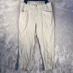 Casual Linen Blend Cropped Pants Women Beige Elastic Waist Pockets Size L